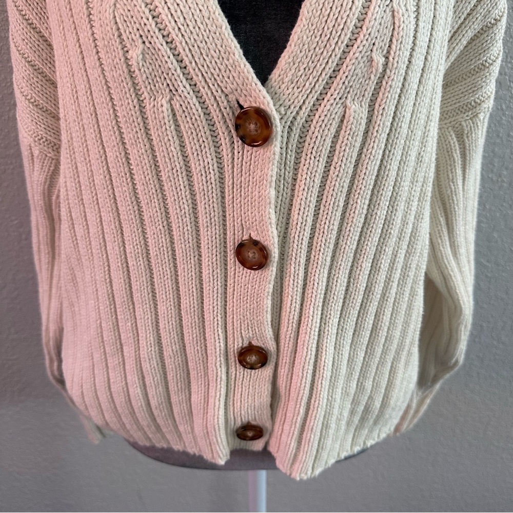a new day Cream Knit Ribbed Cardigan Sweater Button Front Medium - Picture 2 of 5